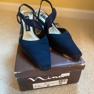 NINA navy lustre beaded satin strappy sandal heels, sz 8